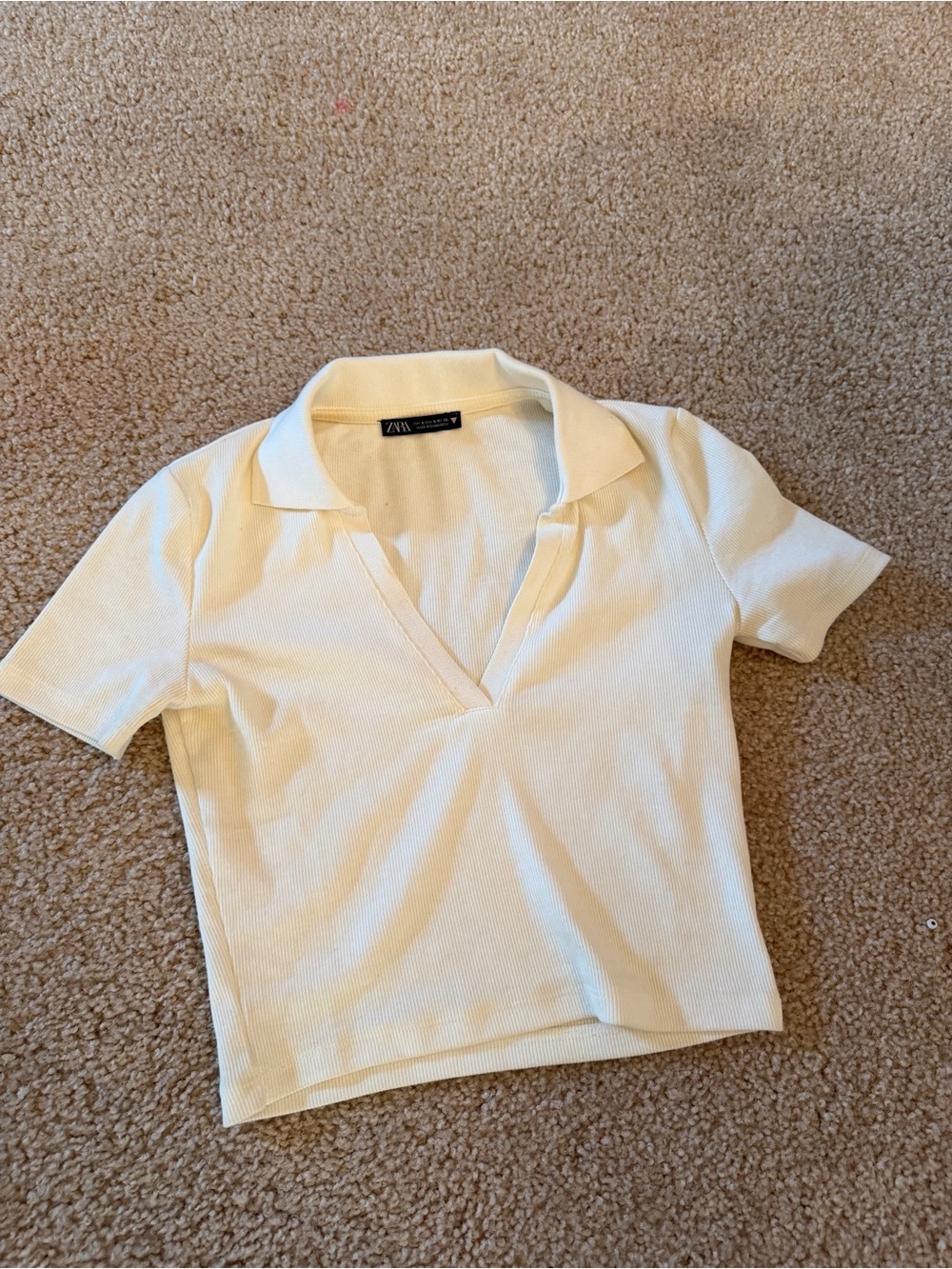 Zara Cream Ribbed V-Neck Polo Crop Top